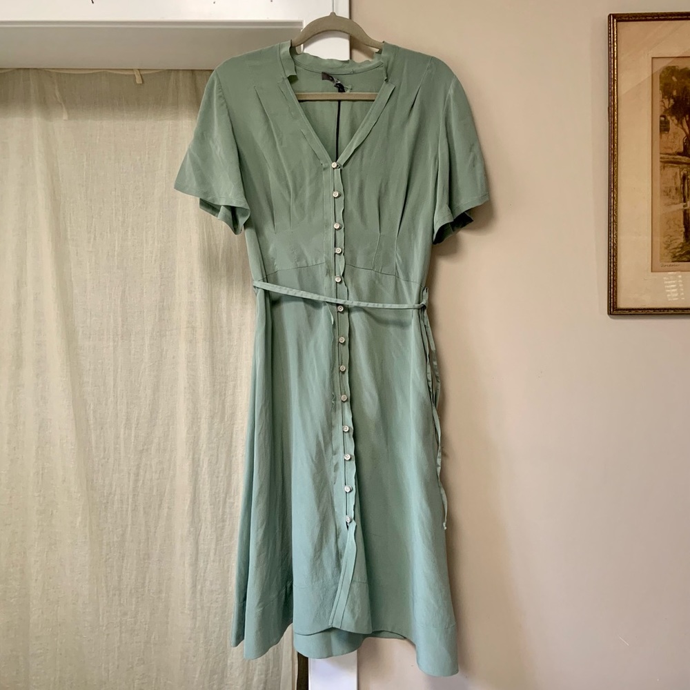 KILN Sunday Best Dress in moss - v neck button down with tie at waist 100% silk.